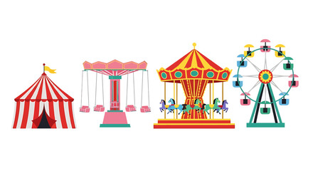 Colorful Carnival Rides and Tent Illustration on Transparent Background