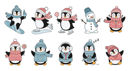 Cartoon Penguins and Snowman in Winter Outfits Doing Various Activities