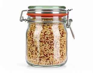 Dry Quinoa in a Glass Jar on White Background in a Clean and Minimal Healthy Food Style