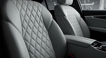Luxurious car interior featuring diamond-stitched leather seats offering comfort and elegance