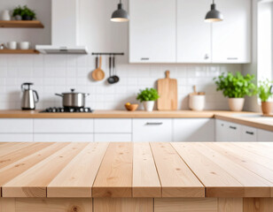 Wooden Table Top on Blurred Kitchen Background – Perfect Mockup Surface for Product Display and Montage