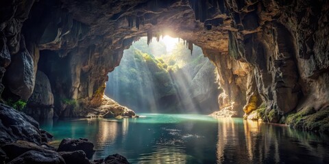 Dark mysterious cave entrance with a large hole in the center