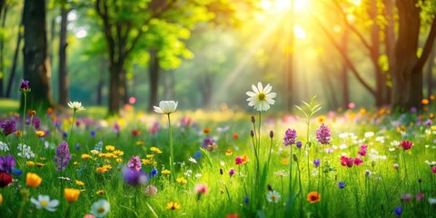 Fototapeta premium Vibrant wildflowers sway gently in the breeze amidst a sea of emerald green grass in a serene spring meadow