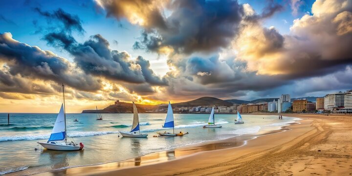 Barques sur la plage de Las Canteras ? Las Palmas de Gran Canaria avec un ciel nuageux
