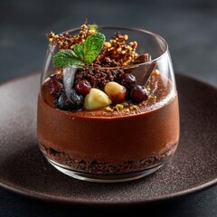 Chocolate mousse served in a transparent cylindrical glass on a dark brown plate.