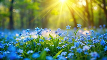 Obraz premium Delicate tiny blue blossoms scattered across a lush green meadow with soft sunlight filtering through the trees