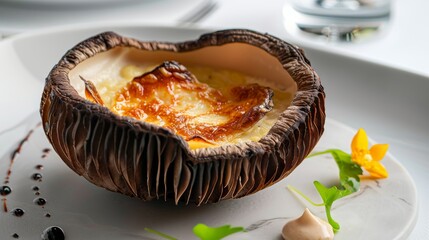Mushroom soup served in a wild mushroom cap with melted cheese earthy and organic look on a white stone plate.