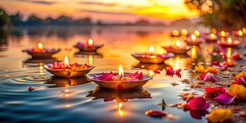Serene riverbank with floating diyas surrounded by delicate flower petals