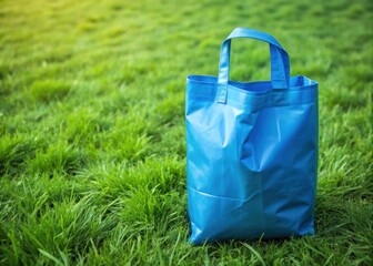 Recycled plastic blue shopping bag on grass