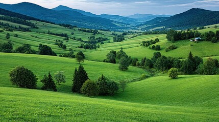 Obraz premium Lush green fields and rolling hills under a serene sky.