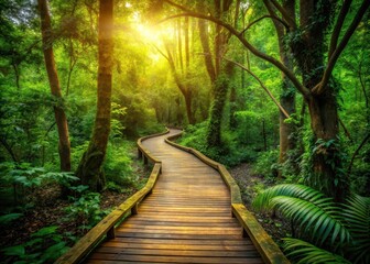 A winding wooden path traverses through a dense and vibrant forest covered in lush green foliage