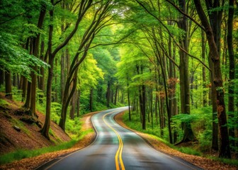 A serpentine road meanders through a dense forest with towering trees looming on either side