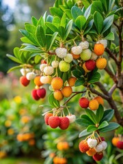Arbutus Marina Strawberry Tree with dense foliage and small white flowers in a garden setting