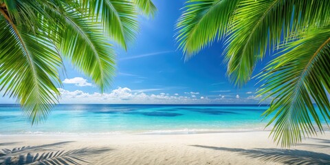 Tropical paradise backdrop with blue palm leaves against white sandy beach