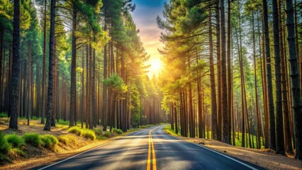 Dense pine trees stretching towards the sky with a winding asphalt road in the sunlight