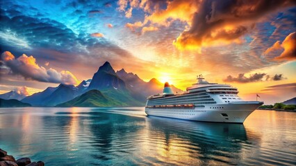 Large cruise ship navigating through calm turquoise ocean waters with a stunning sunset backdrop