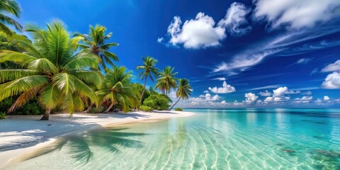 White sand beach with palm trees and clear blue water