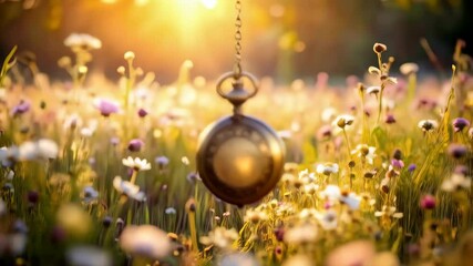 Vintage pocket watch on chain in a field of wildflowers, golden light illuminating the scene, time and nature concept. - Powered by Adobe