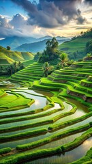 Rolling hills of emerald green rice terraces stretching into the distance with lush vegetation and serene water features