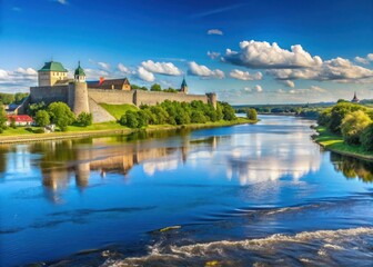 View from Narva in Estonia over the border river Narva and the Russian border to Ivangorod Russia in summer under a blue sky