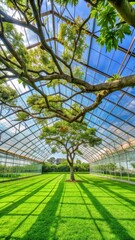 Overhead view of tree branches stretching towards the sky with leaves and greenery on a lush turf grass in an agricultural greenhouse setting