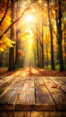 autumn forest blur background with wooden table sunlight effect