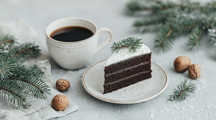 A slice of chocolate cake with whipped cream topping and fir branches.