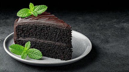 Dark chocolate cake slice with mint garnish on a plate.