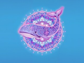 Abstract vibrant dreamy pastel whale mandala gradient blue background illustration