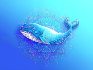 Abstract vibrant dreamy pastel whale mandala illustration gradient blue background