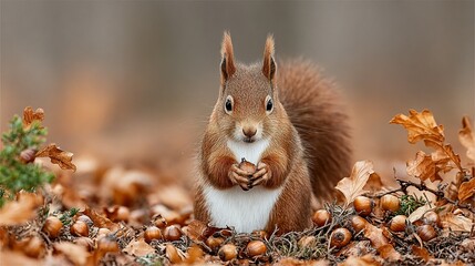 Red squirrel with nuts in autumnal woodland.