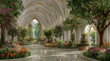 Indoor Garden Paradise: A tranquil indoor garden with high arched ceilings, lush greenery, and vibrant flowers creates a serene and enchanting atmosphere.