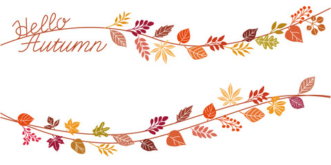 Autumnal colorful leaves decoration illustration. Autumn decoration garland and banner design. Vector illustration.