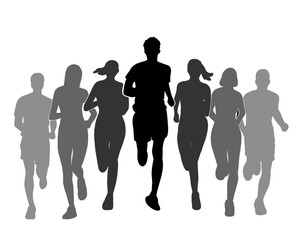 Silhouette of crowd of young people running, morning jogging, isolated icon on white background.	