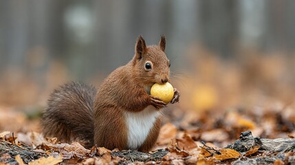 Red squirrel holding a yellow fruit in a forest.