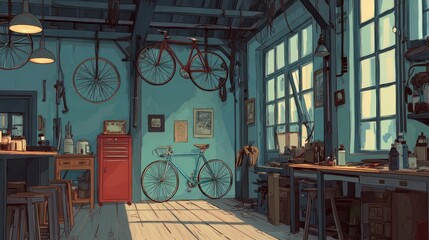 Vintage bicycle repair shop interior