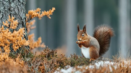 A red squirrel enjoys a winter treat amidst autumnal foliage.