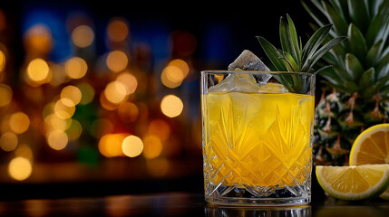 Golden Elixir: A refreshing cocktail, meticulously crafted with sun-kissed fruits, sparkles invitingly, promising a burst of summery delight in a low-lit environment.