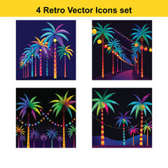 Obraz premium Vibrant Retro Palm Tree Icons Night Lights, Colorful Vector Illustrations