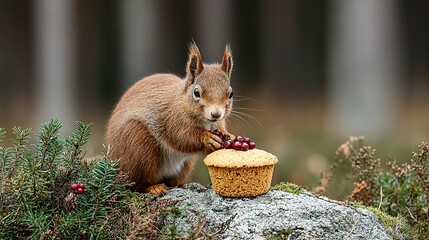 Red squirrel enjoying a small treat in the forest.