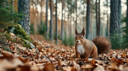 Red squirrel amidst autumn leaves in a forest.
