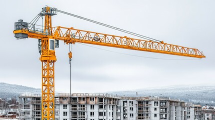 Tower crane on a construction site in winter.