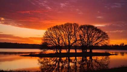 Fototapeta premium Sunrise with trees and a lake in the background 