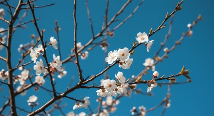 Cherry blossoms against blue sky background