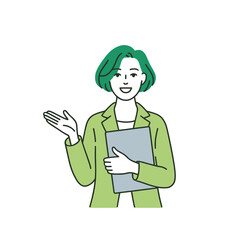 Smiling Woman Green Jacket Holding Clipboard Gesturing
