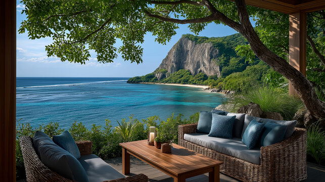 Ocean View Terrace: Relax and unwind on a comfortable wicker sofa with plush cushions, enjoying the breathtaking panoramic view of a pristine ocean cove.