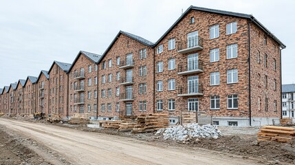 Modern brick apartment buildings under construction.