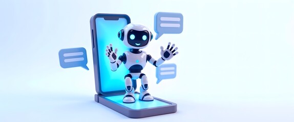 Autonomous AI agent bot: Intelligent cognitive system executing tasks via algorithms. Friendly AI Robot with Chat Bubbles for Virtual Assistance Concept