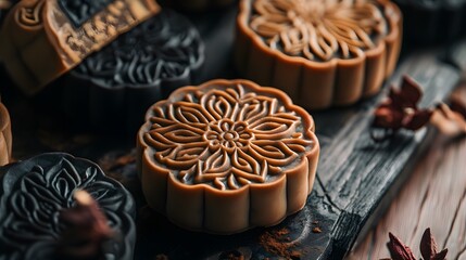 Close-up view of decorative, round, dark-toned artisanal pastries.
