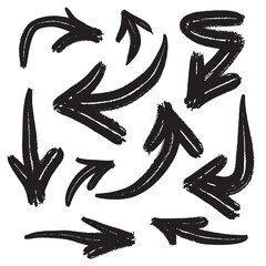 Hand drawn arrow vector icons set. Set of brush arrows black icons. Set of simple bold lines hand drawn black arrows.